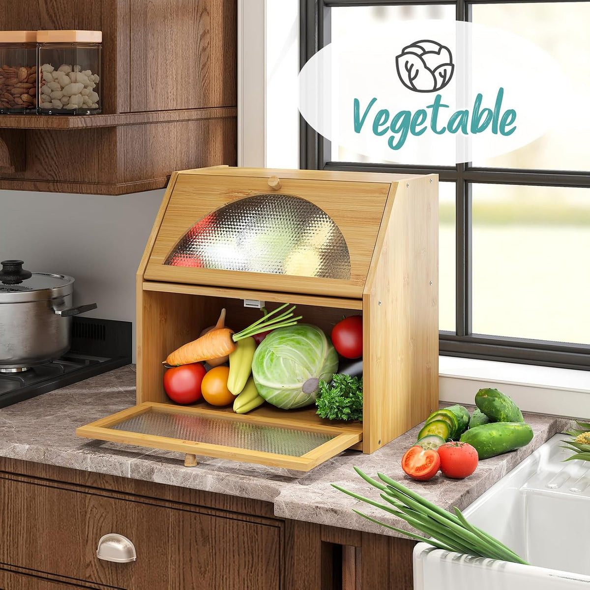 Extra Large Bread Box for Kitchen Counter, Bamboo Wood Double Layer Bread Box for Kitchen Counter, Wooden Capacity
