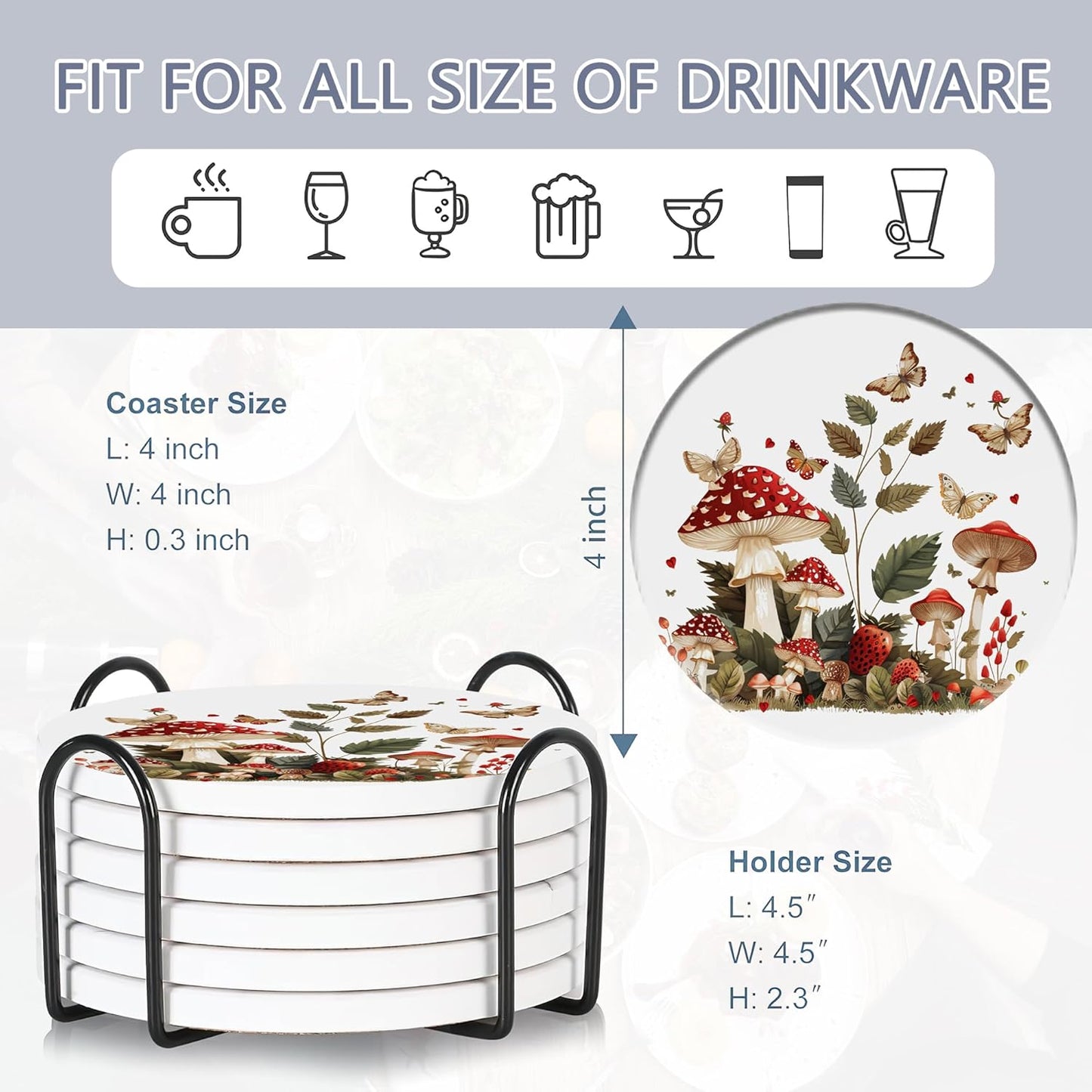 Holder / Absorbent Ceramic Drink Coaster for Tabletop / Mushroom Butterfly / Set of 6