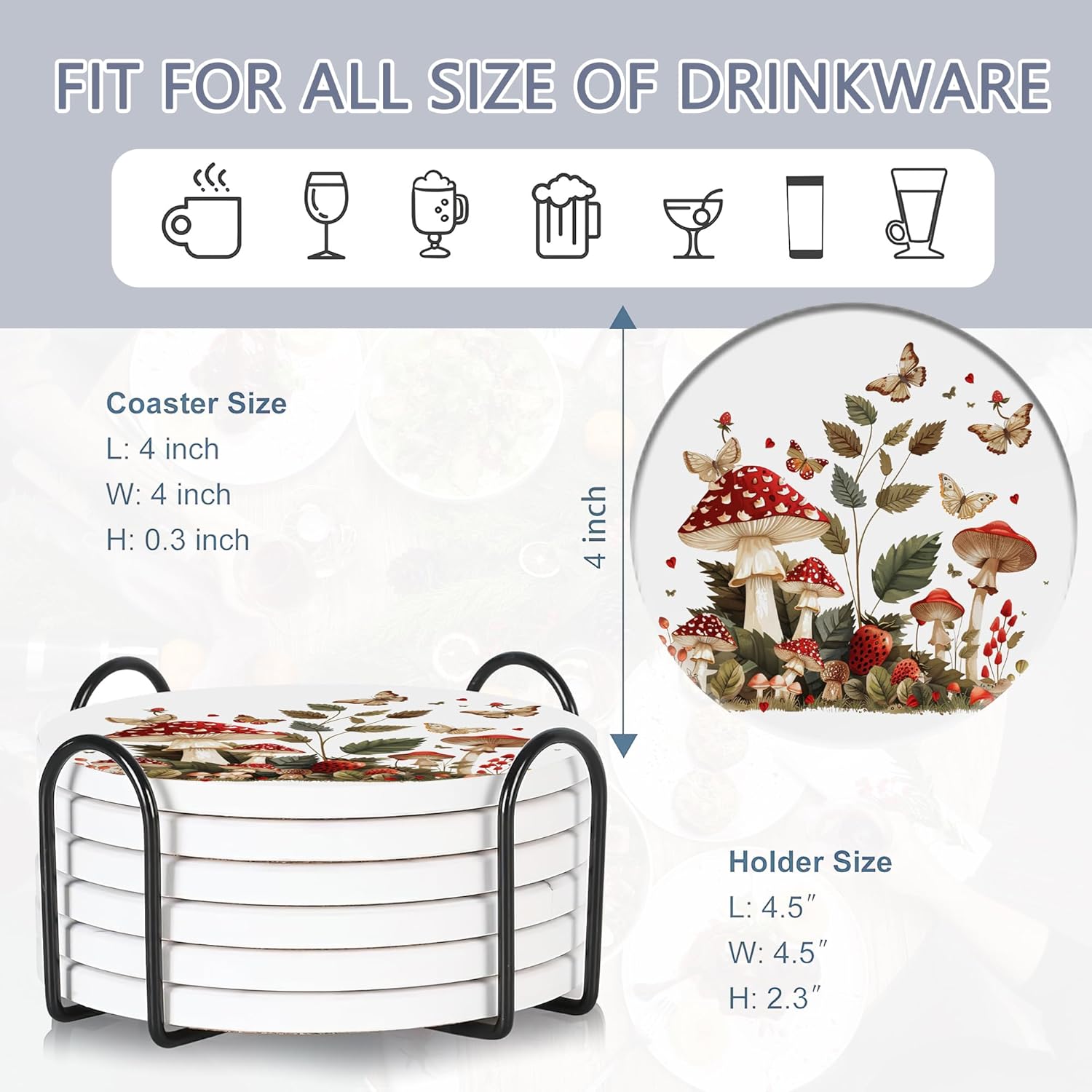 Holder / Absorbent Ceramic Drink Coaster for Tabletop / Mushroom Butterfly / Set of 6