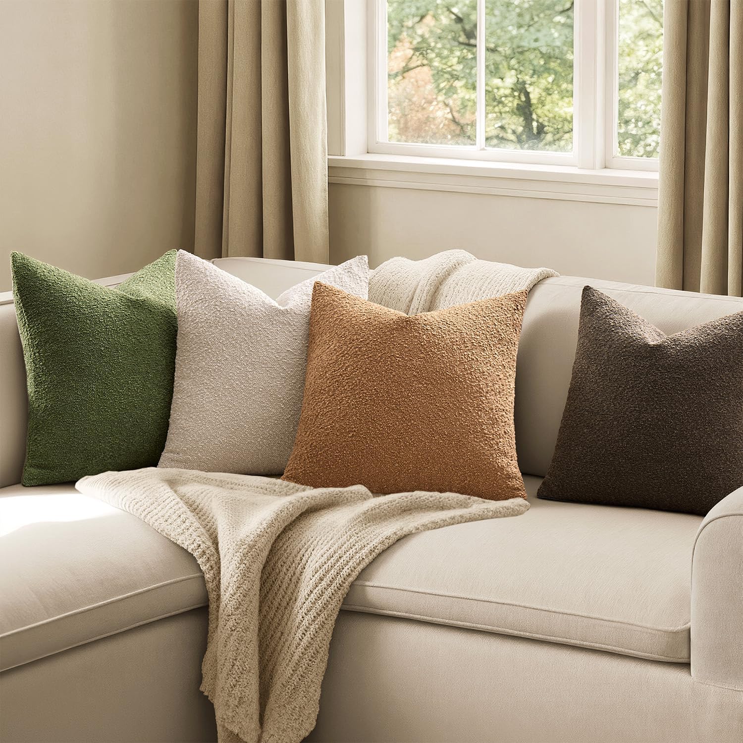 Decorative Textured Boucle Throw Pillow Covers Accent Solid / 18 x 18 / Green Brown / Set of 4