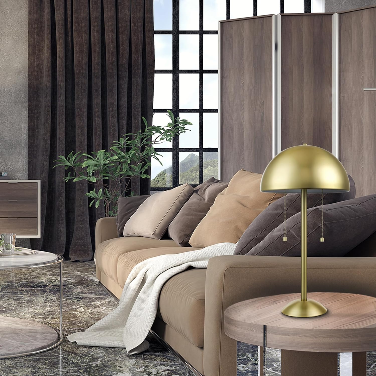Novogratz x Globe 21" 2-Light Matte Brass Table Lamp | 2-Light Gold Dome Shade, Double Pull Chain, Mid-Century Modern