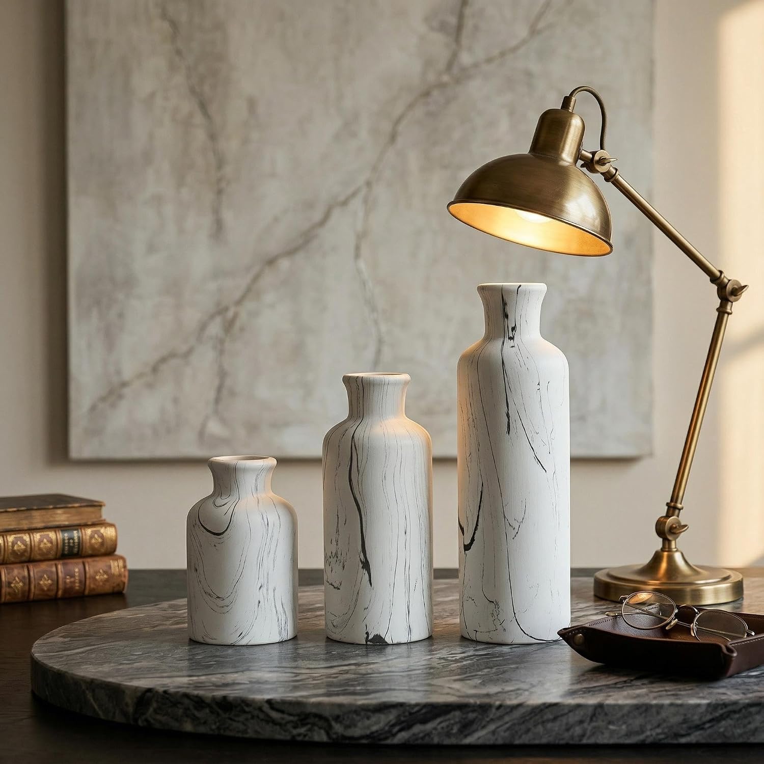 Modern Ceramic Flower Vase / 104-white Gray Marble / Set of 3