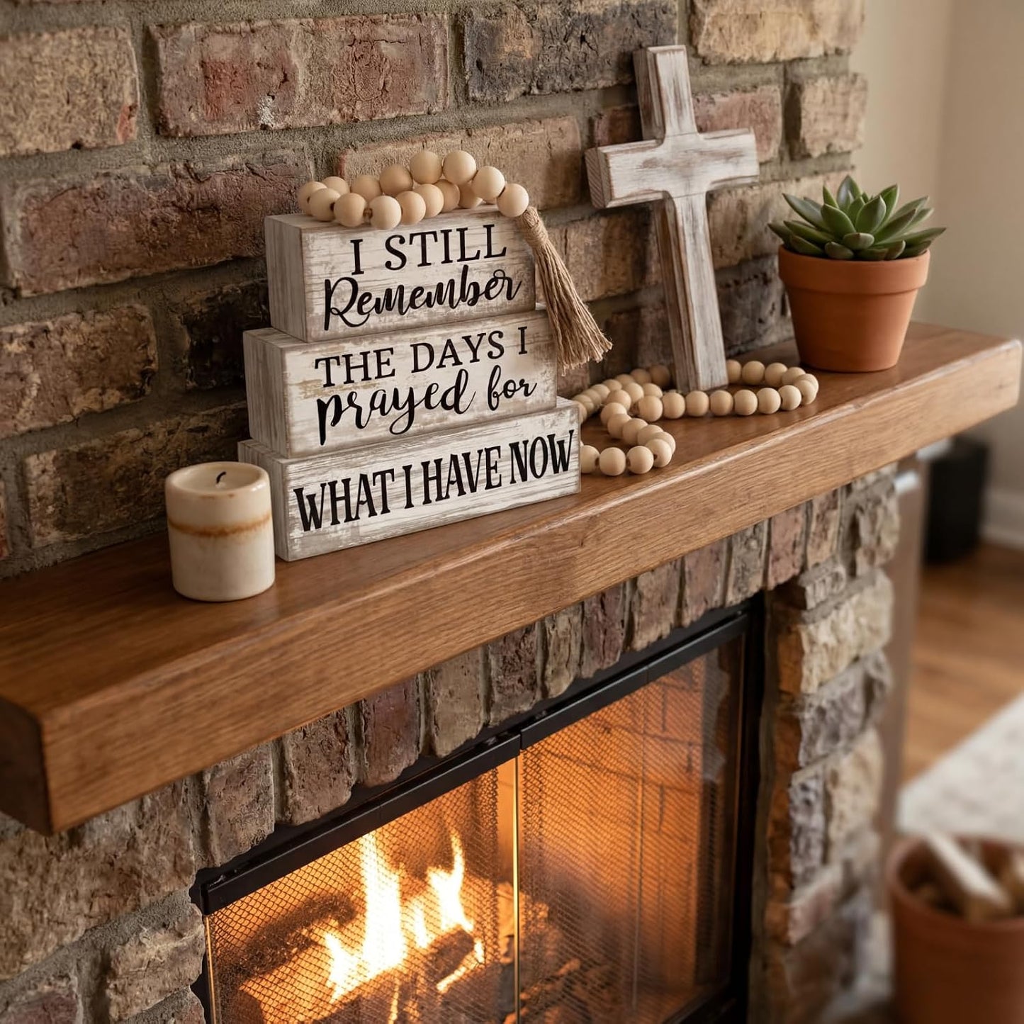 Farmhouse Wooden Tabletop Decor Rustic Retro Wood Bead Garland I Still Remember / Prayed / Set of 4