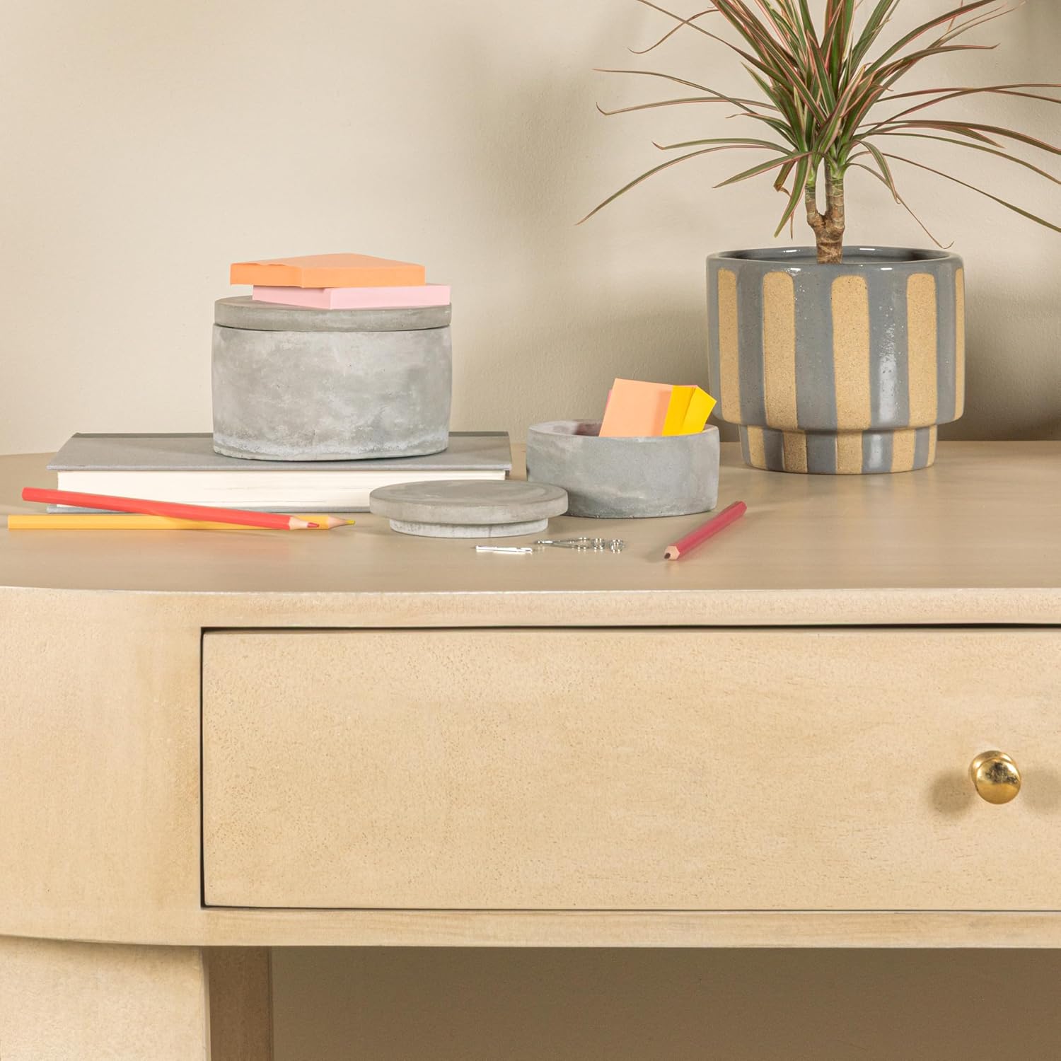 A75500081 Round Decorative Cement Lids Boxes / Small / Industrial / Grey / Set of 2