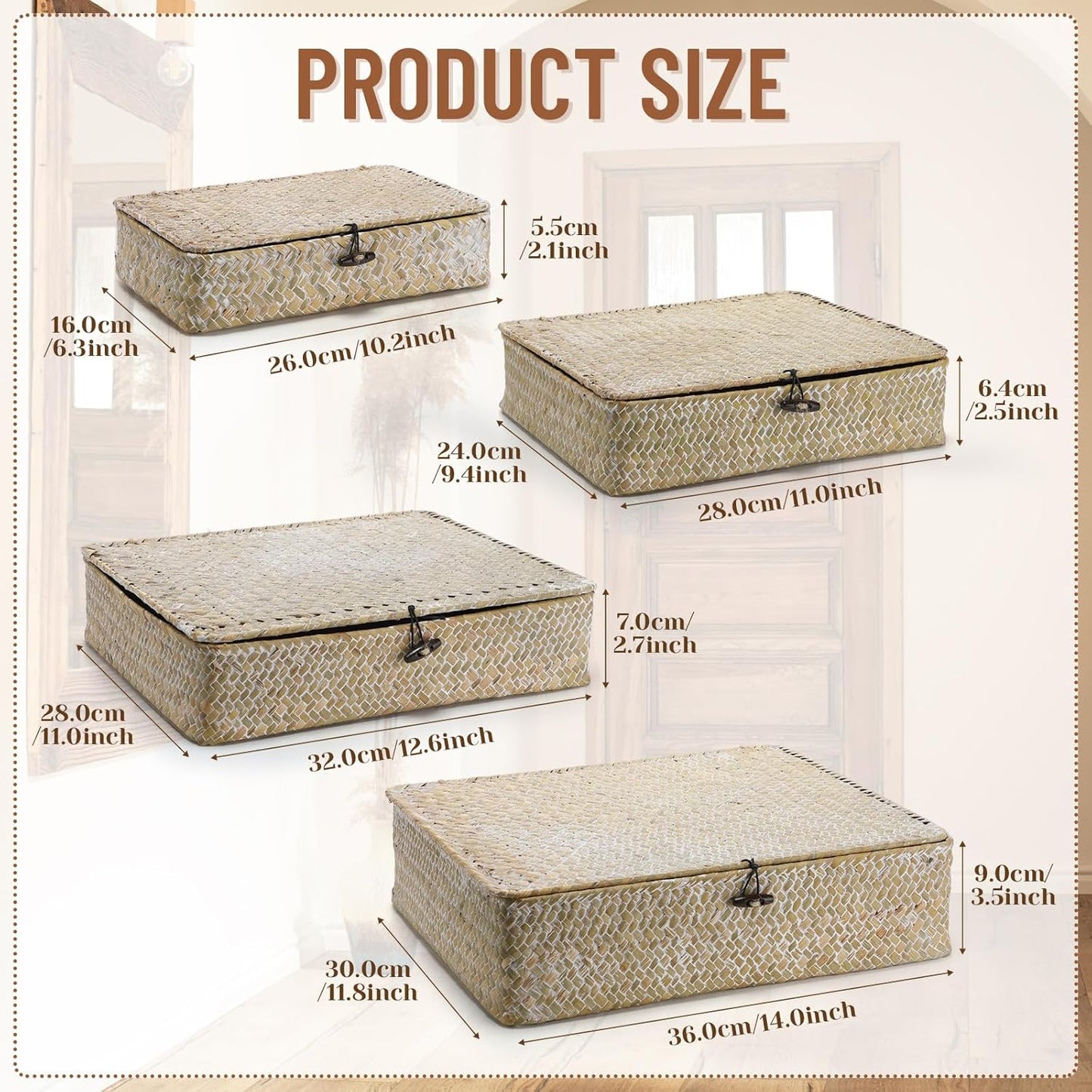 Seagrass Basket / Lid Wicker Storage Basket Decorative Storage Boxes / White / Set of 4