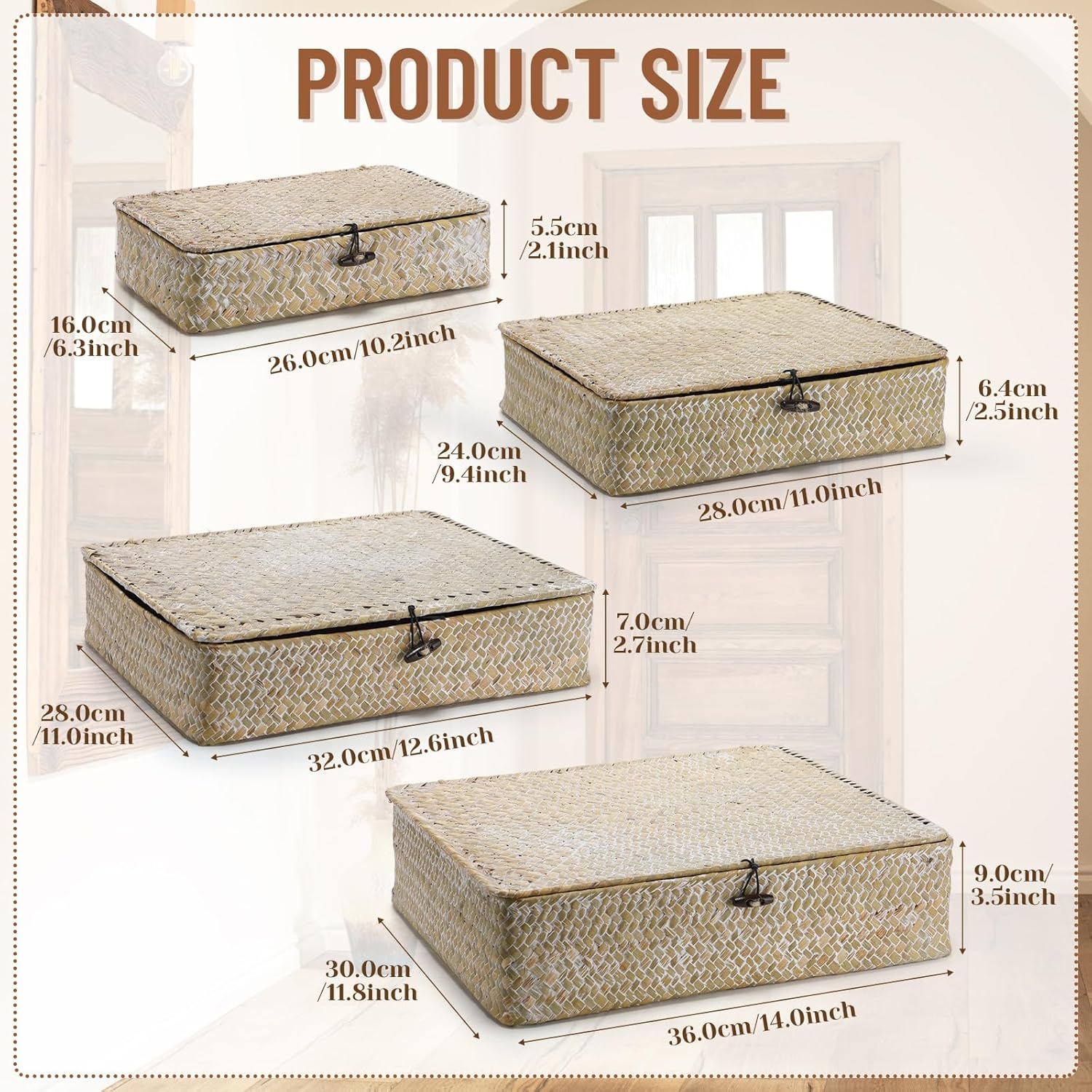 Seagrass Basket / Lid Wicker Storage Basket Decorative Storage Boxes / White / Set of 4