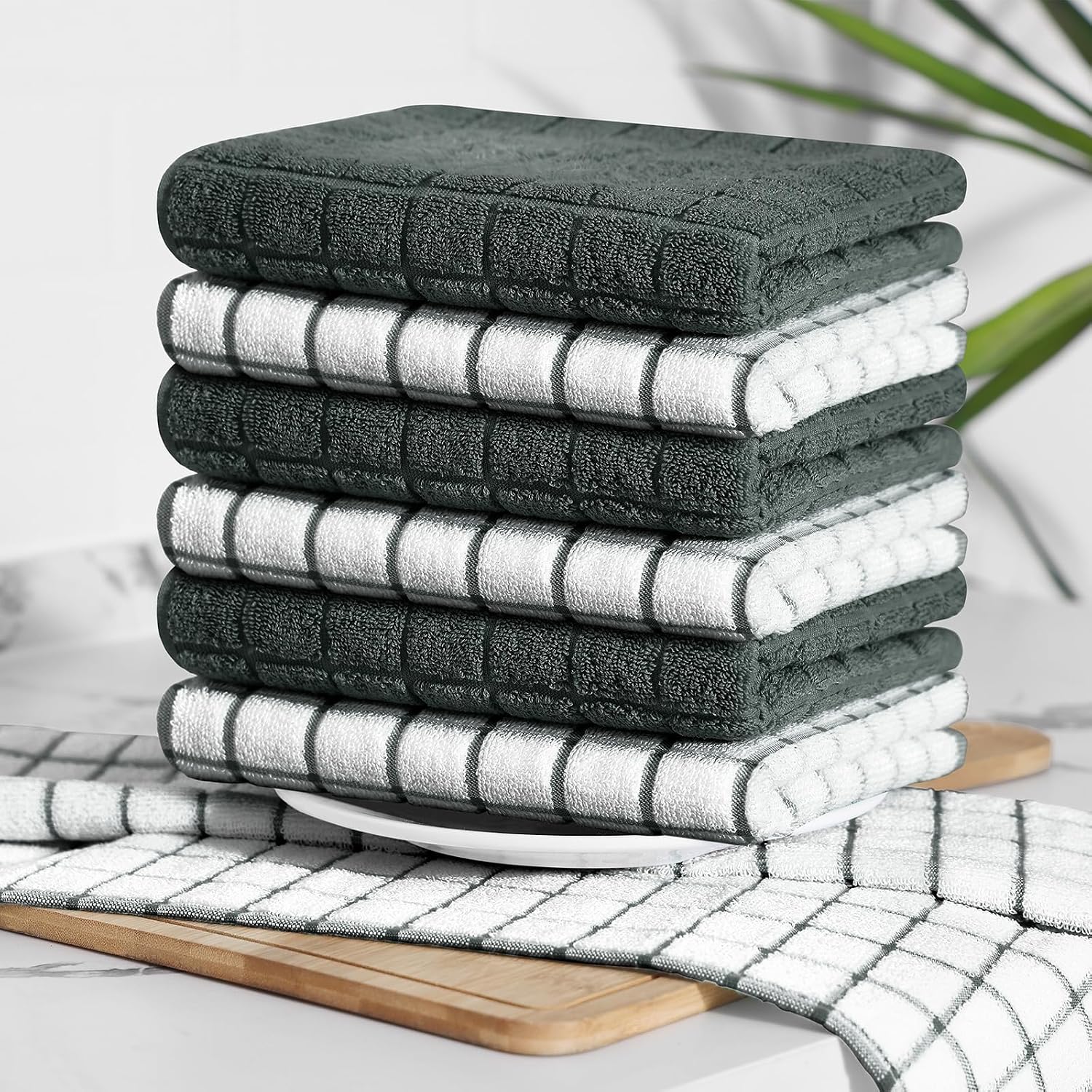 Homaxy Large Premium Cotton Kitchen Towels 16"x 28", 12 Pack, Dark Green | Natural Ring Spun 390 GSM Dish Towels, Super