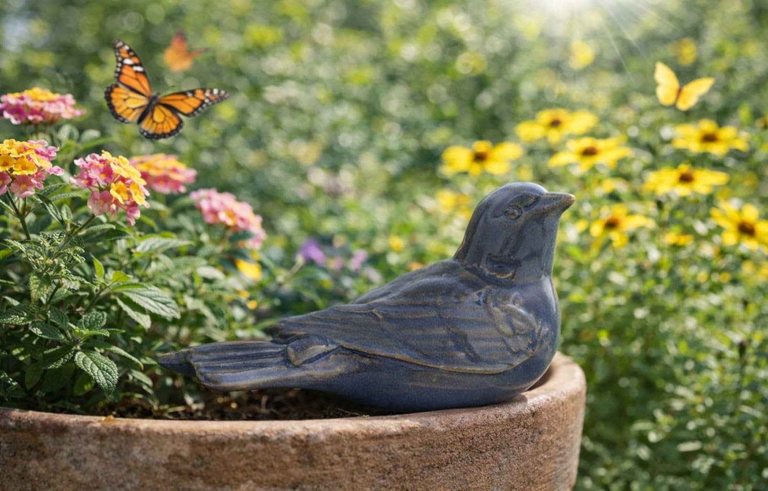 Ceramic Bird Figurine Gray Songbird / Blue