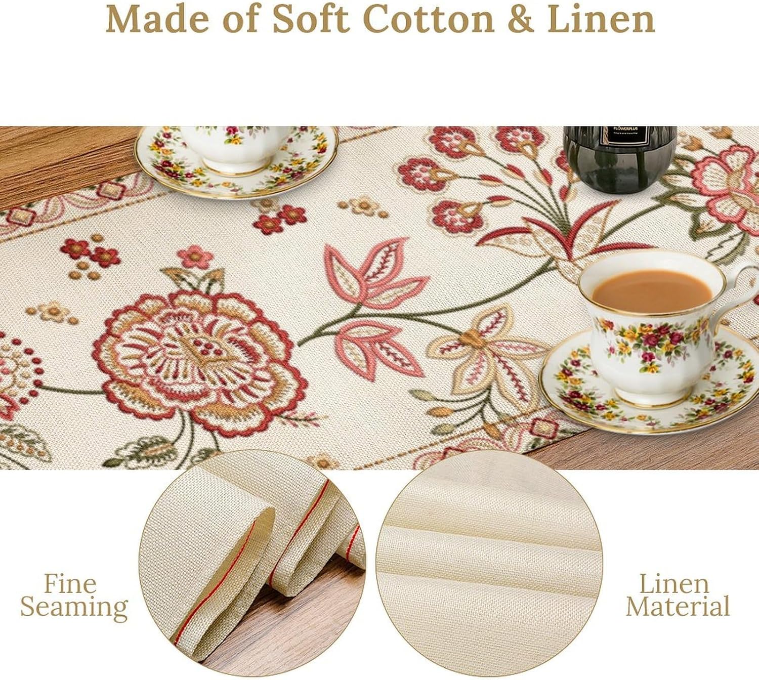 Rustic Floral Table Runner, Ethnic Style Leaf Floral Art Design Patterns Printed Linen Table Runner for Home Kitchen