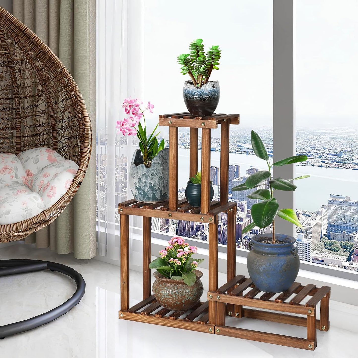 Wood Plant Stand Indoor Outdoor 4 Tier Plant Rack Corner Plant Shelf | Flower Pot Holder for Living Room Garden Patio