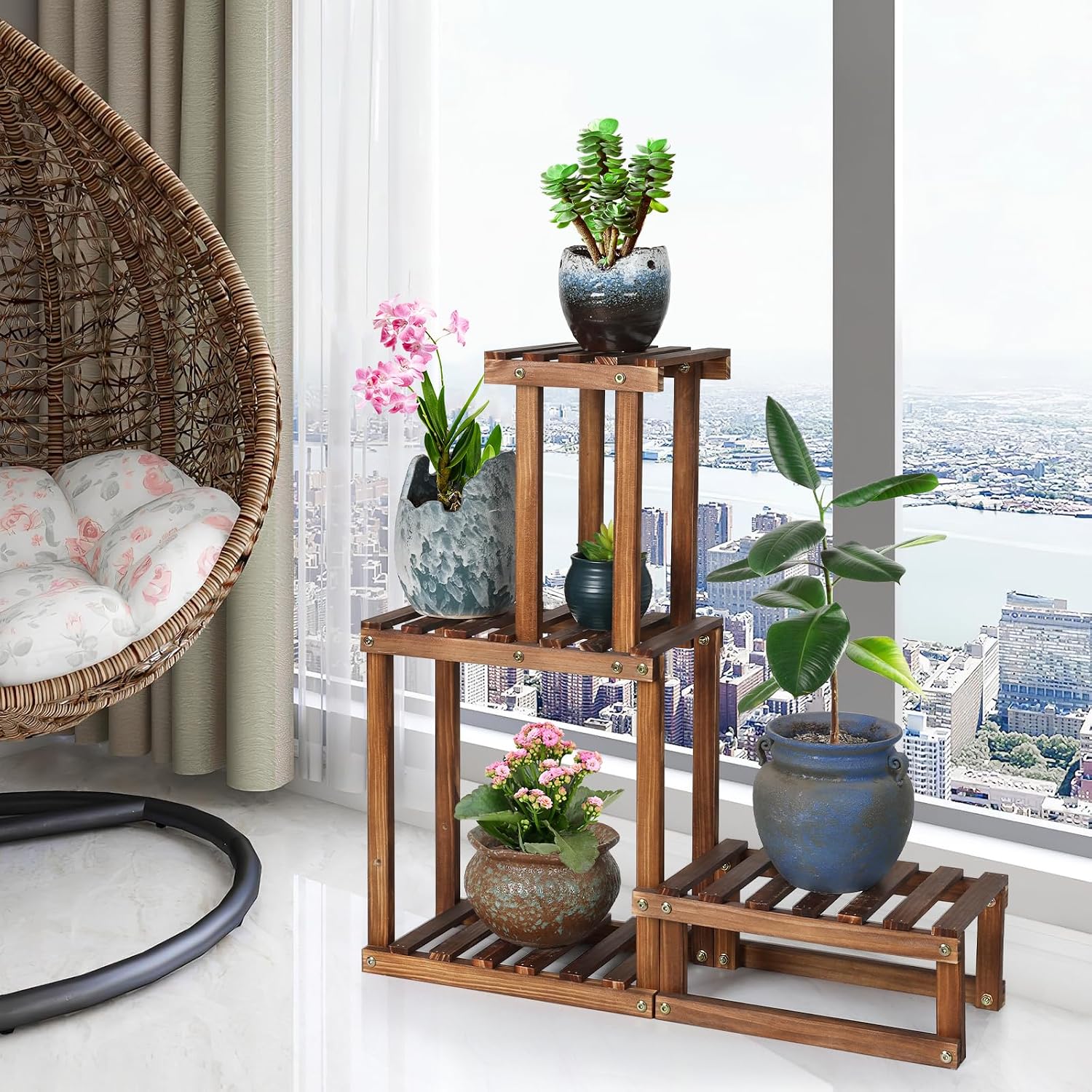Wood Plant Stand Indoor Outdoor 4 Tier Plant Rack Corner Plant Shelf | Flower Pot Holder for Living Room Garden Patio