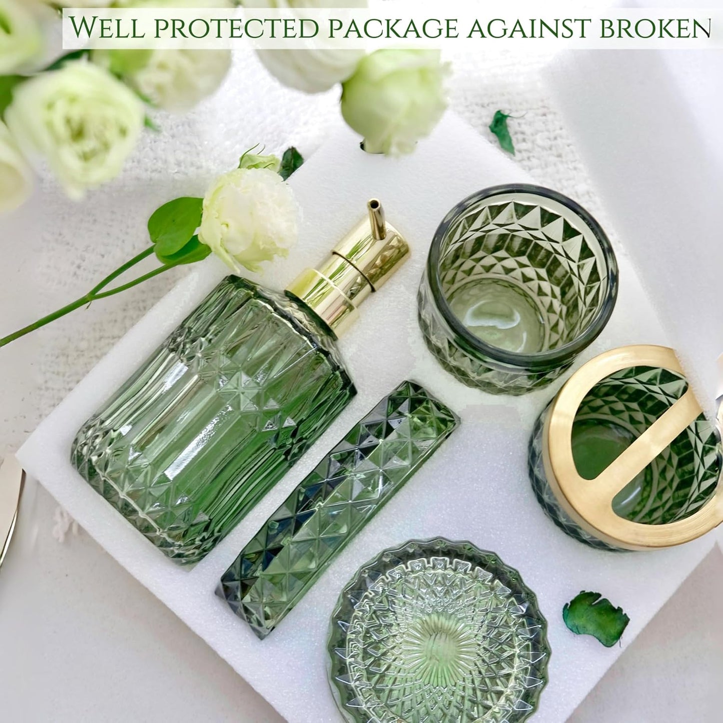 LaMarriti Green Bathroom Accessories Set, 6 Pcs Clear Glass Bathroom Set, Soap Dispenser, Soap Dish, Toothbrush Holder