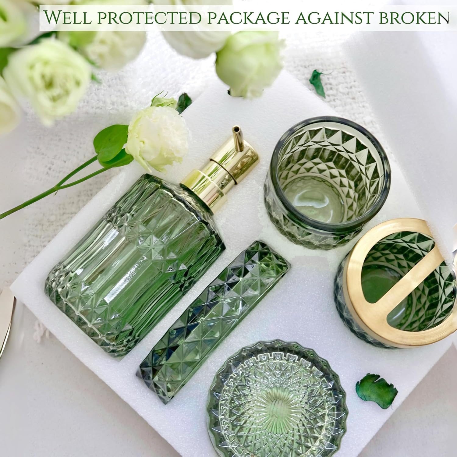 LaMarriti Green Bathroom Accessories Set, 6 Pcs Clear Glass Bathroom Set, Soap Dispenser, Soap Dish, Toothbrush Holder