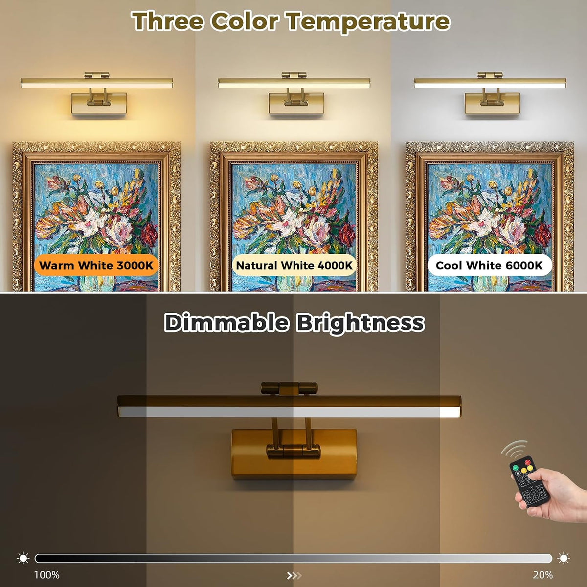 JUSHENG Picture Lights for Wall Battery Operated, Brass 3CCT Dimmable Gallery Light with Detachable Battery and Timer