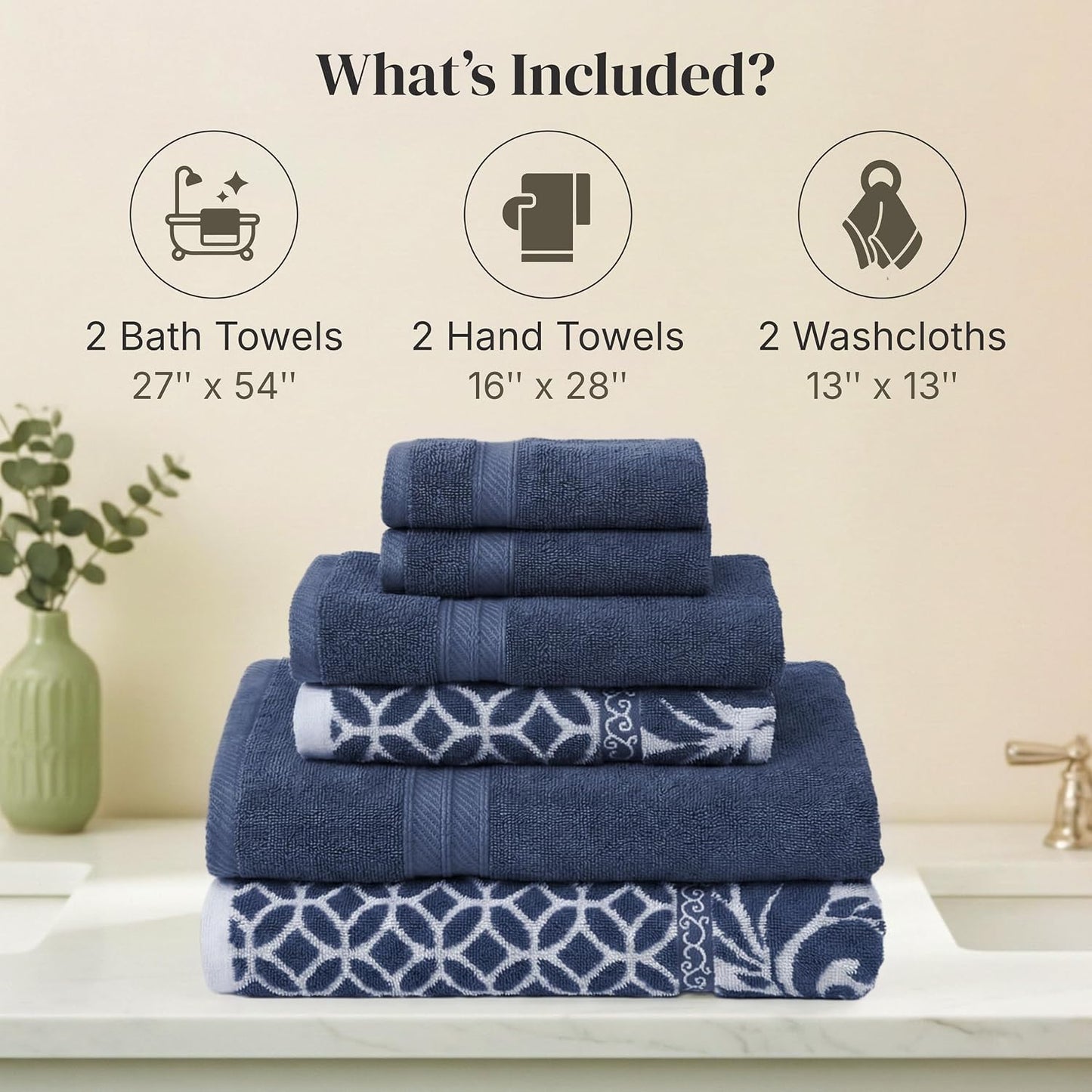 Modern Threads 6 Piece Bath Towel Set – Bathroom Set with 2 Bath Towels, 2 Hand Towels, and 2 Wash Cloths – 100%