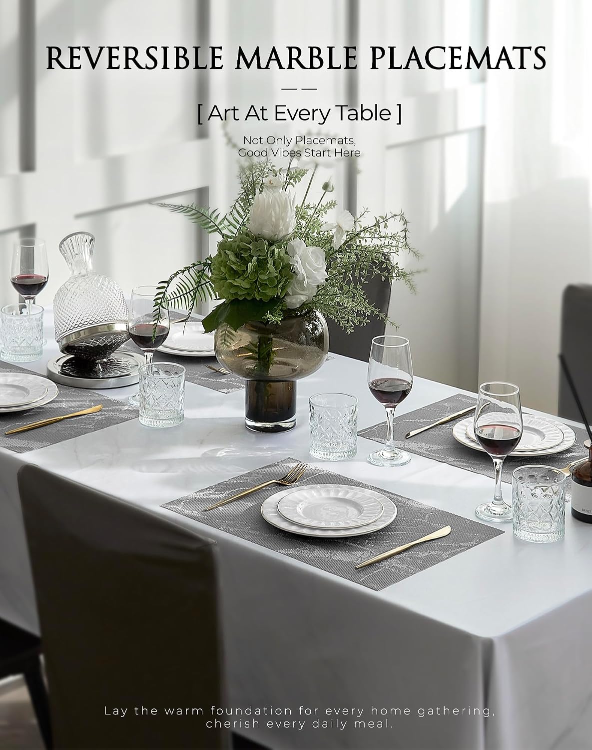 Leetaltree Woven Vinyl Placemats Set of 8,Gray Marble | High Density，Stain Resistant, Easy to Clean, Washable Table