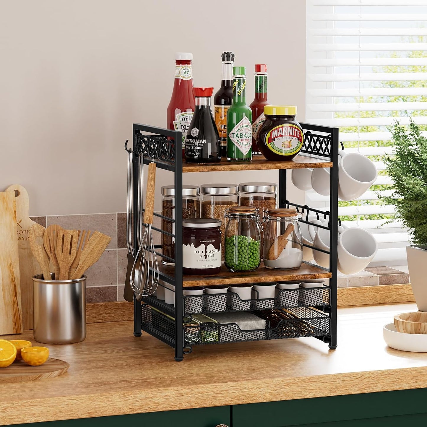 Plaviya Coffee Bar Organizer Coffee Station K Cup Holder for Countertop | 30 Coffee Pods Organizer, Mug Holder with 12