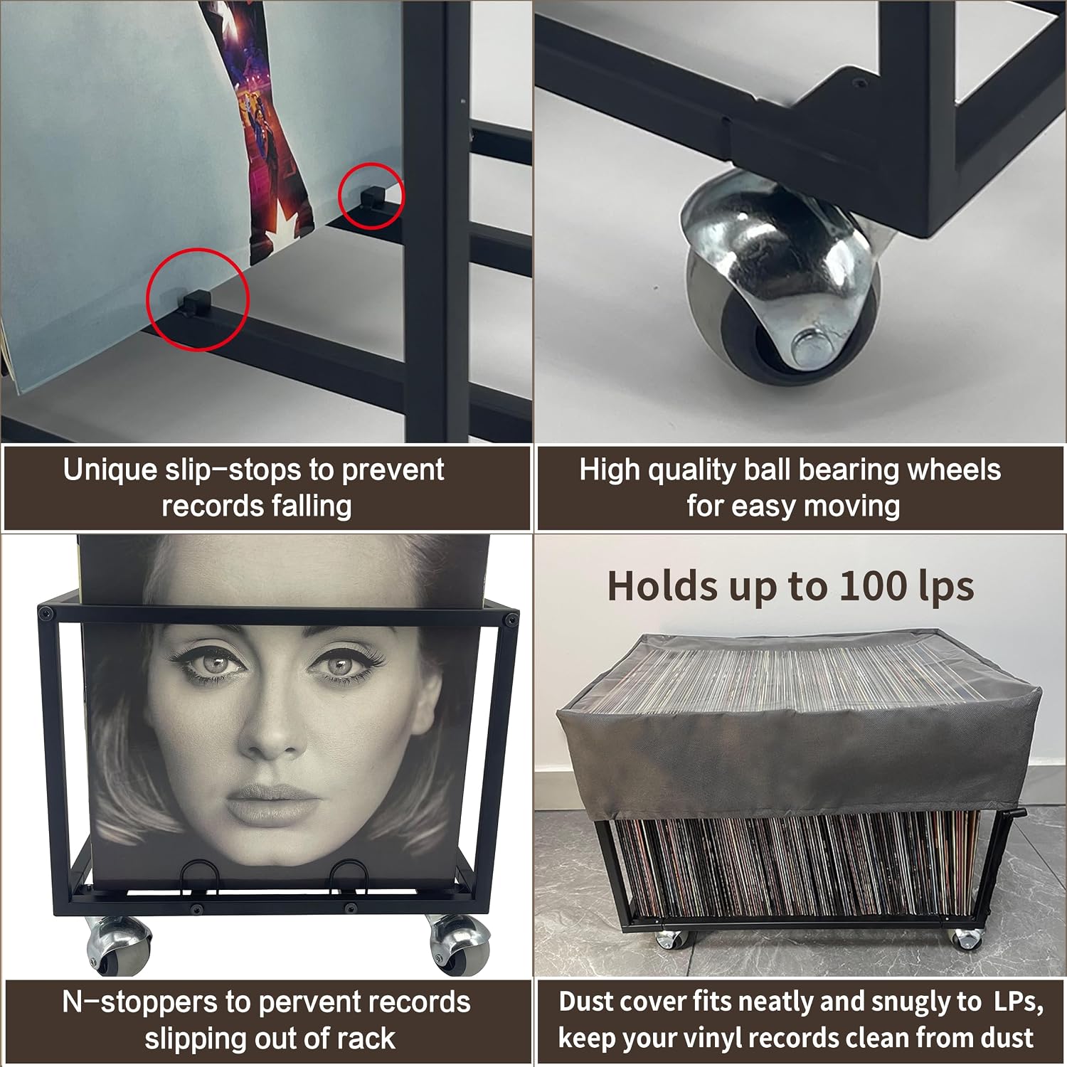 OrigoDeco Vinyl Record Storage Holder on Wheels - With Dust Cover - Holds up to 100 LP - Album Holder Display Stand