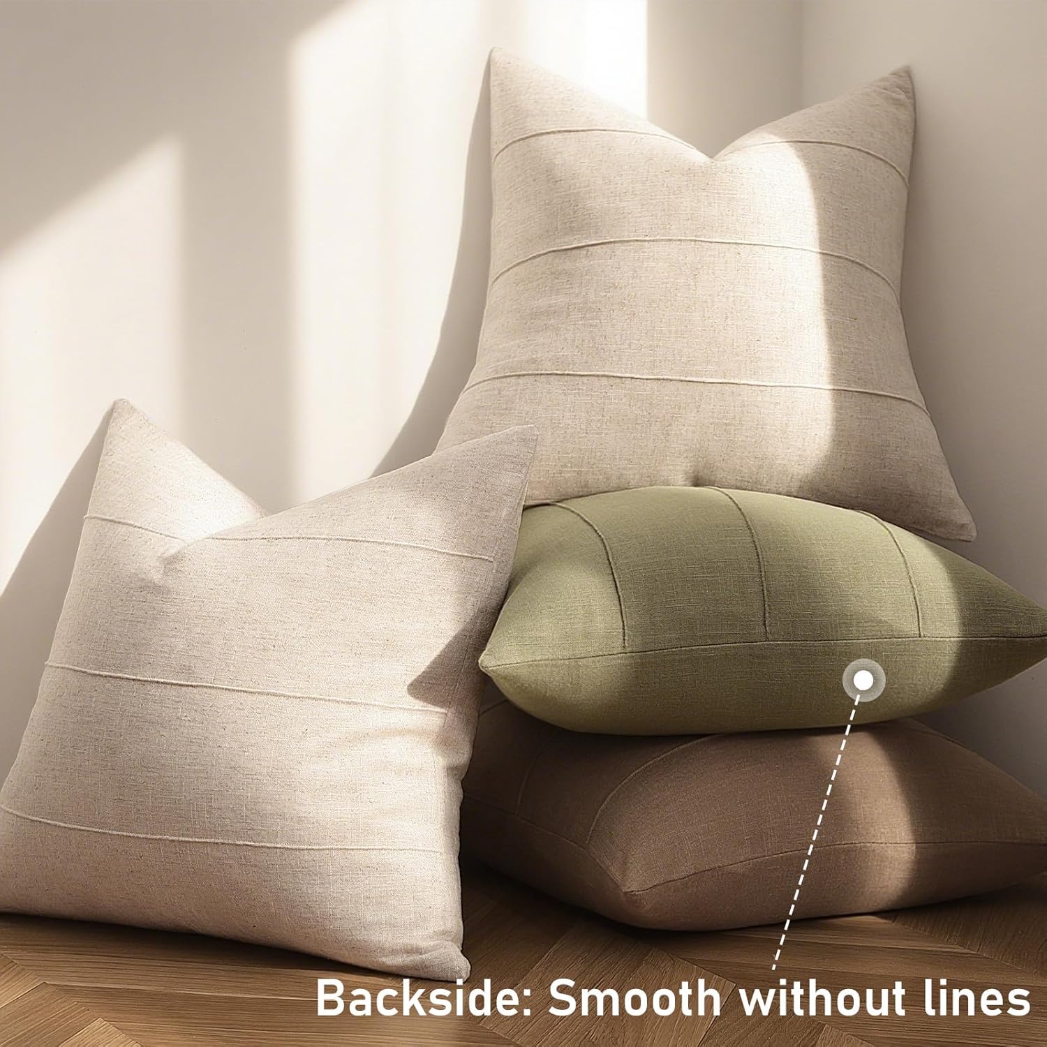 Decorative Linen Throw Pillow Covers Solid handcrafted Striped / Natural Beige / 18 x 18 / Set of 2