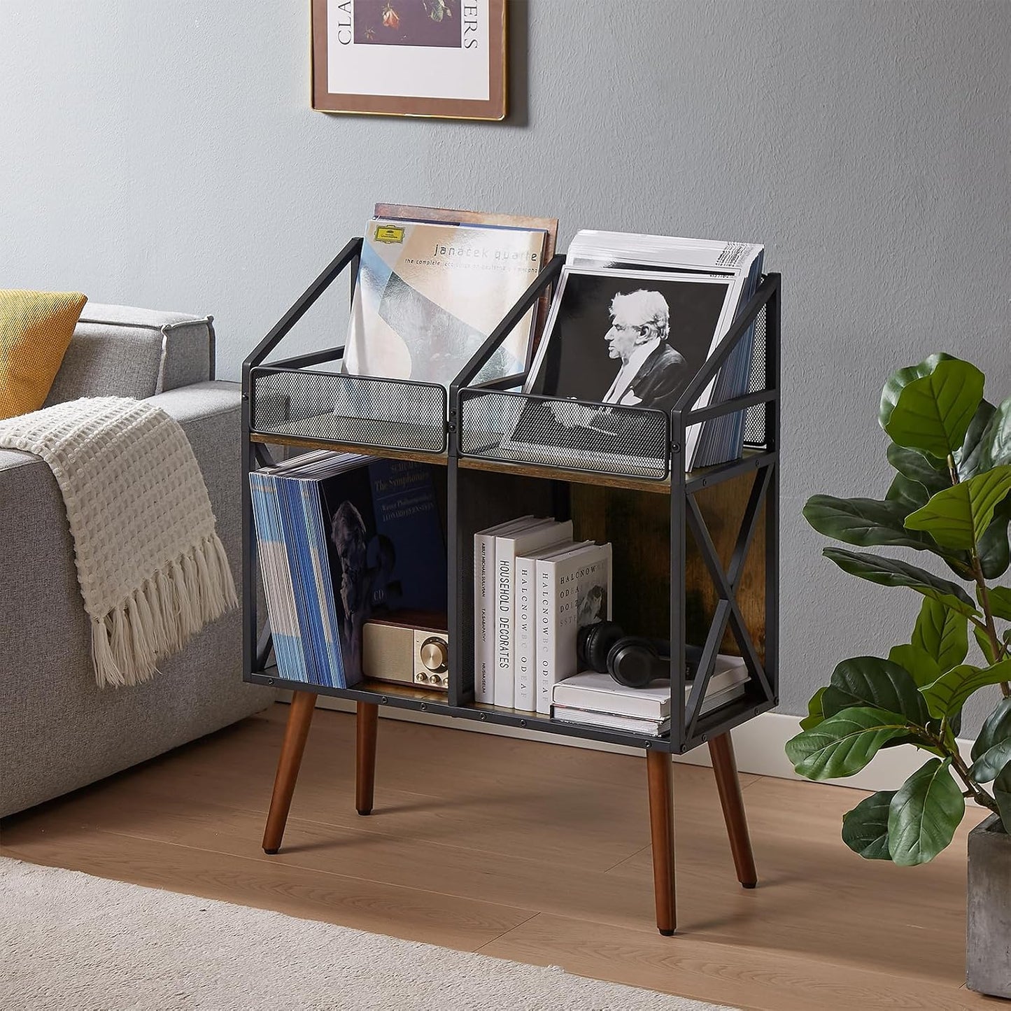 EYOCAL Vinyl Record Storage Holder Rack,250 LP Wooden Record Display Table for Albums Books Magazines Files for Living