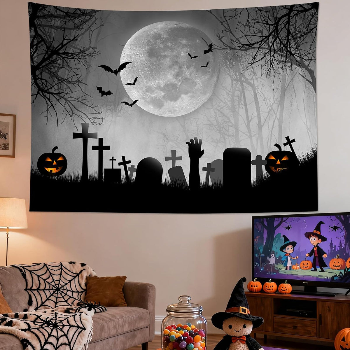 LB Halloween Tapestry Horror Black Bat Pumpkin and Cemetery in Misty Forest Wall Tapestry for Bedroom Spooky Full Moon Wall Art for Living Room Decor, 60 x 40 Inches