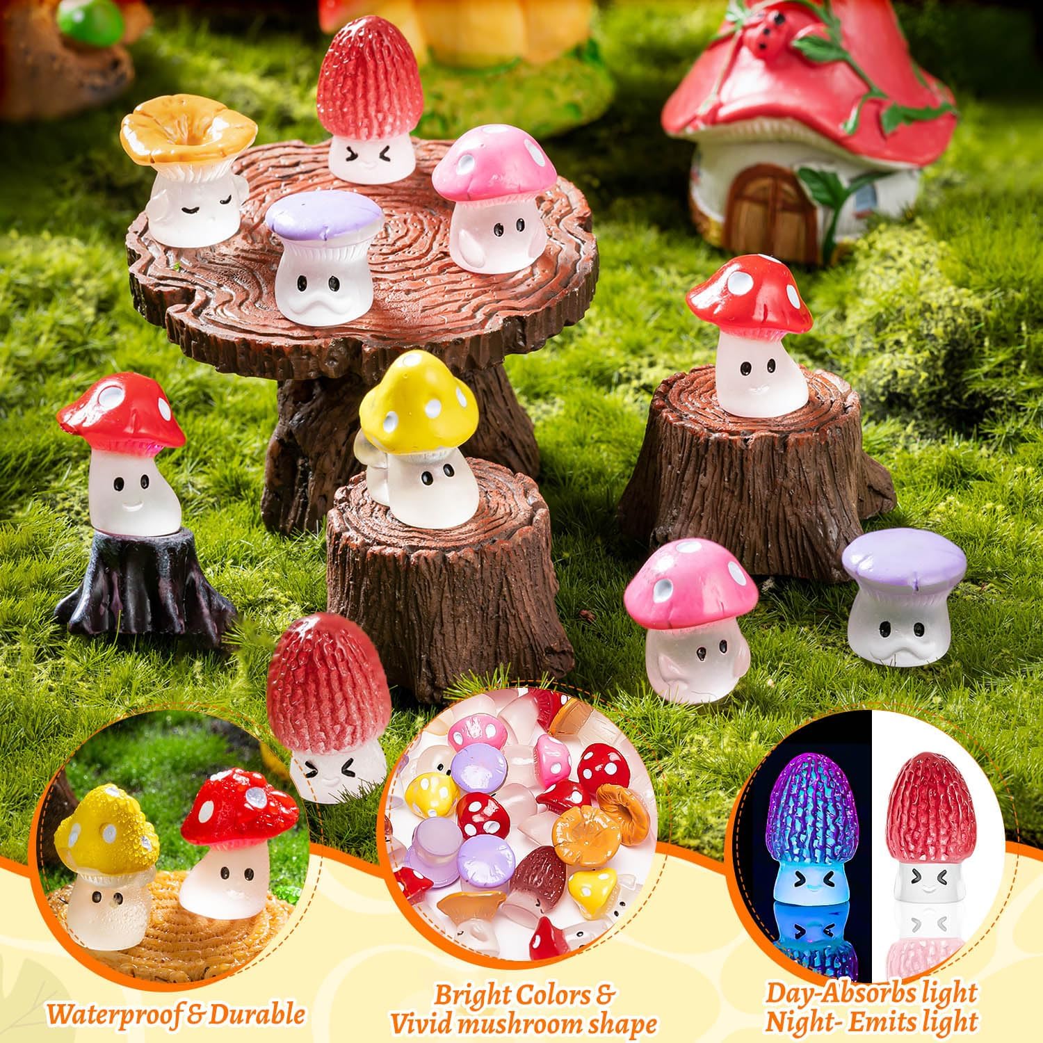 Mini Mushrooms Resin Tiny Mushroom Figurines for Fairy Garden Terrarium Accessories / Set of 96