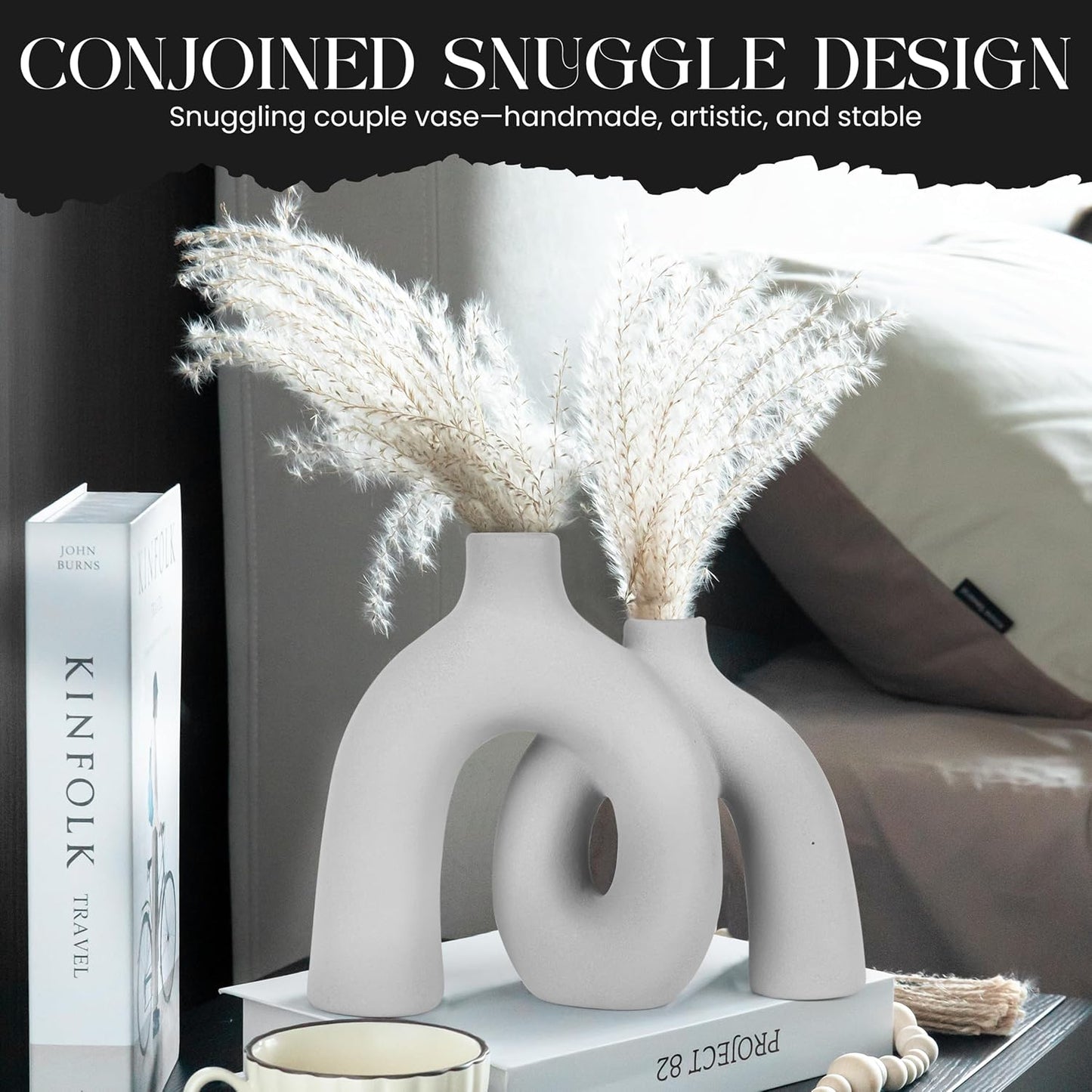 Ceramic Hug Vase Modern Donut Style Hugging Vases for Flowers Minimalist Decor / Soft Gray