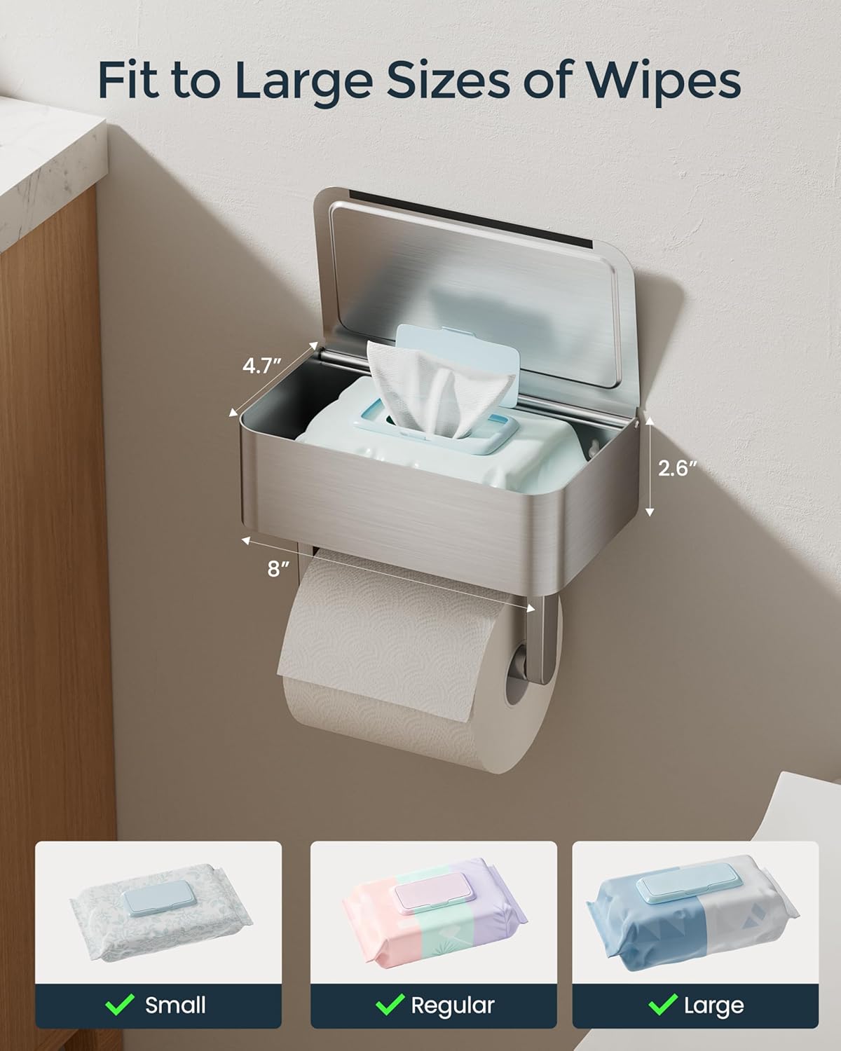 Toilet Paper Holder, Stainless Steel Wall Mount Bathroom Organizer with Shelf, Flushable Wipes Dispenser Storage Fits