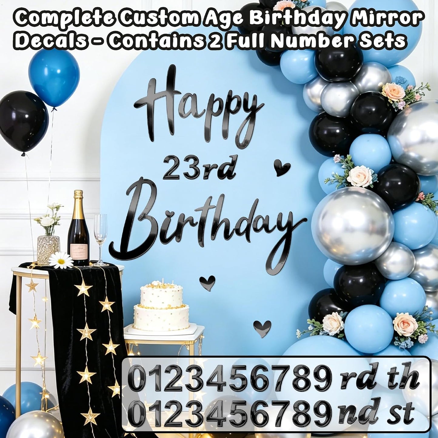 0-9 Number Black Birthday Party Decals for Balloon Arch Wall DIY Ages Peel / Black Mirror Birthday