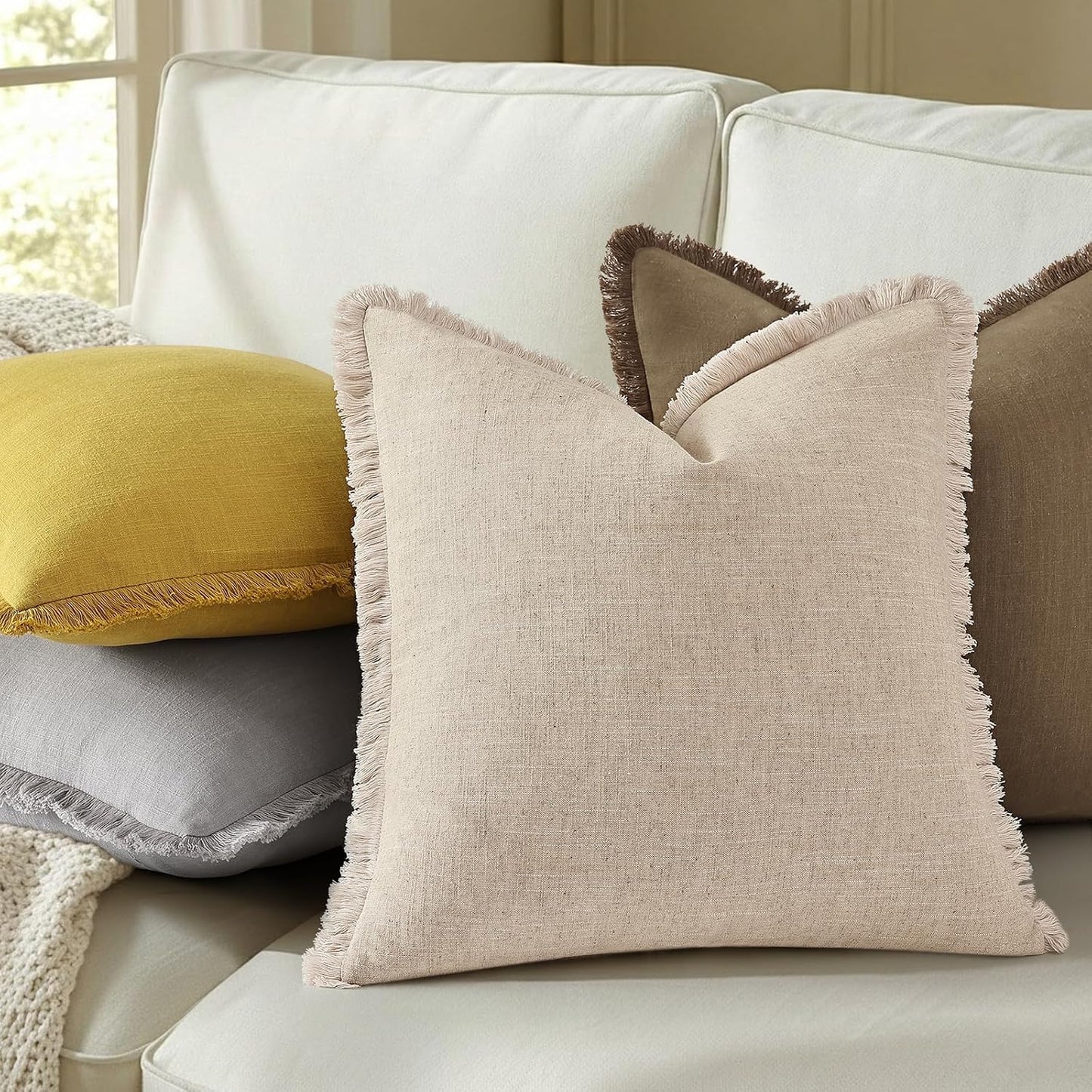 Summer Decorative Neutral Linen Fringe Throw Pillow Covers Pillow / Dark Grey / 18 x 18 / Set of 2