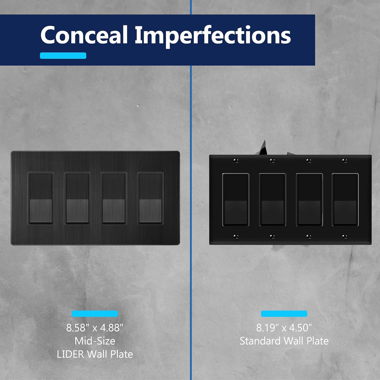 LIDER Screwless Metal-Surface Wall Plate, Mid-Size 4-Gang, Stainless Steel | Temperature And Impact Resistant