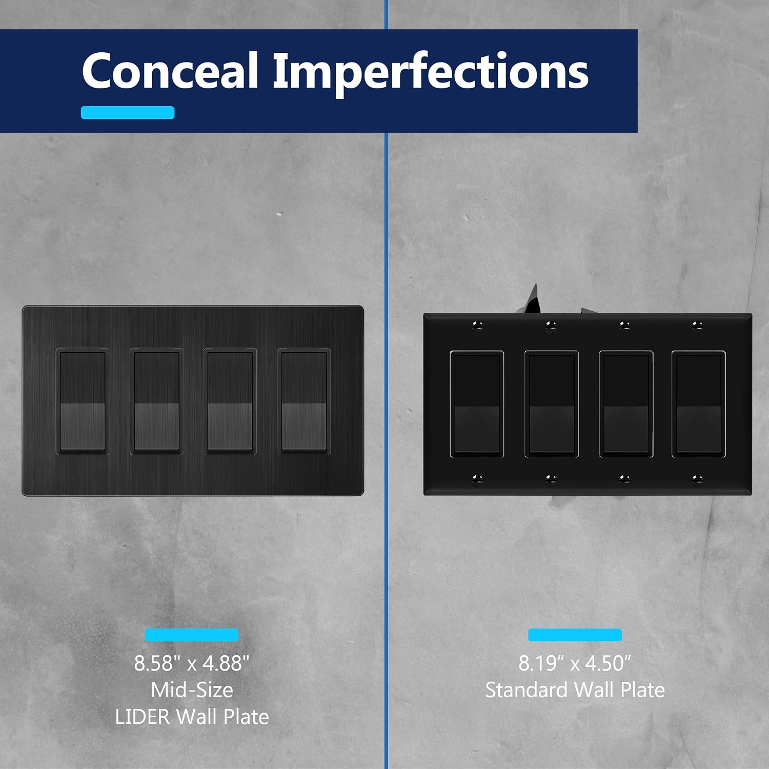 LIDER Screwless Metal-Surface Wall Plate, Mid-Size 4-Gang, Stainless Steel | Temperature And Impact Resistant