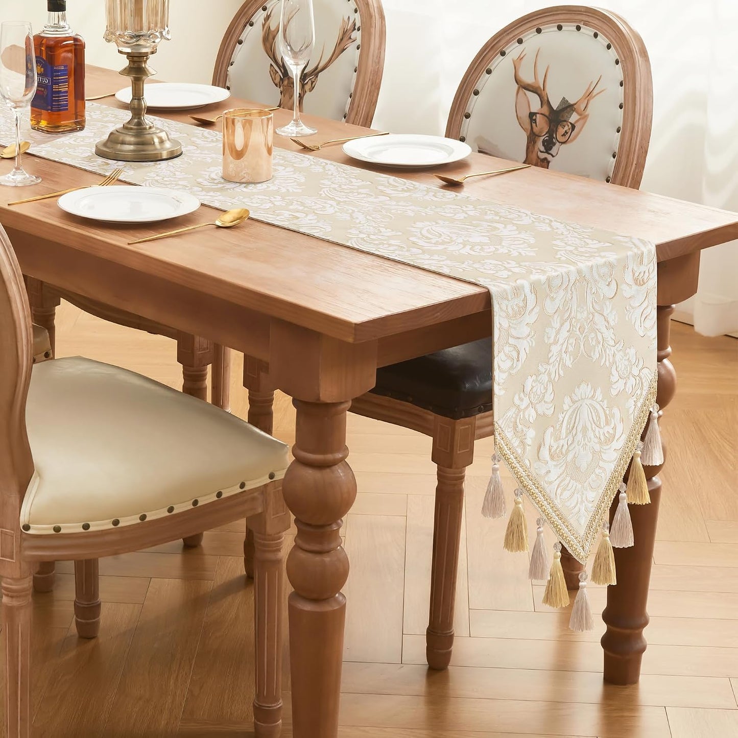 Loom and Mill Elegant Jacquard Table Runner 90 inches Long, Beige+White | Damask Floral Table Runners with Handmade
