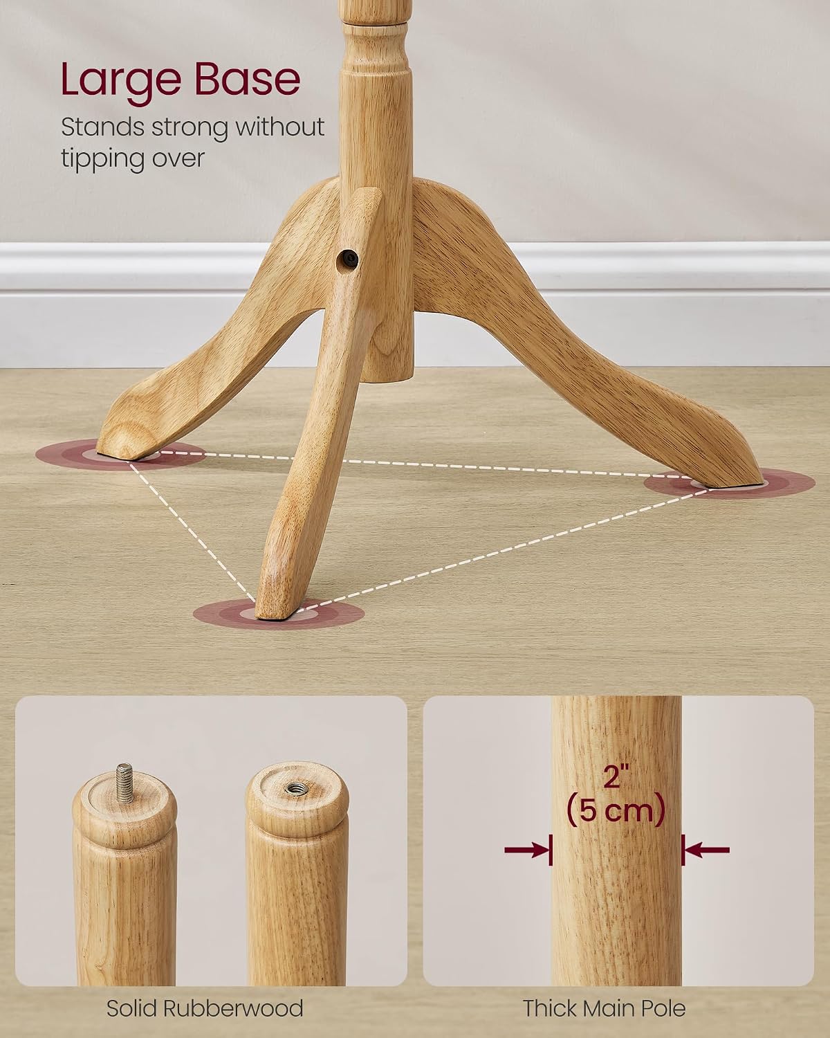 VASAGLE Solid Wood Coat Rack and Stand, Free Standing Hall Coat Tree with 10 Hooks for Hats, Bags, Purses, for
