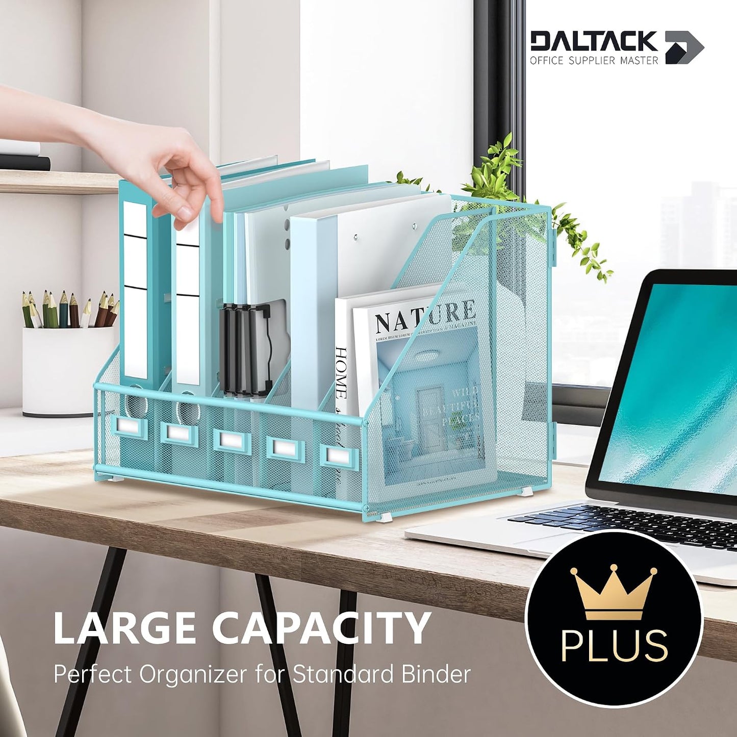 DALTACK 5-Slot Magazine File Holder, Metal Binder Holder, Blue | Iron Mesh Construction, Labeled Sections for Easy