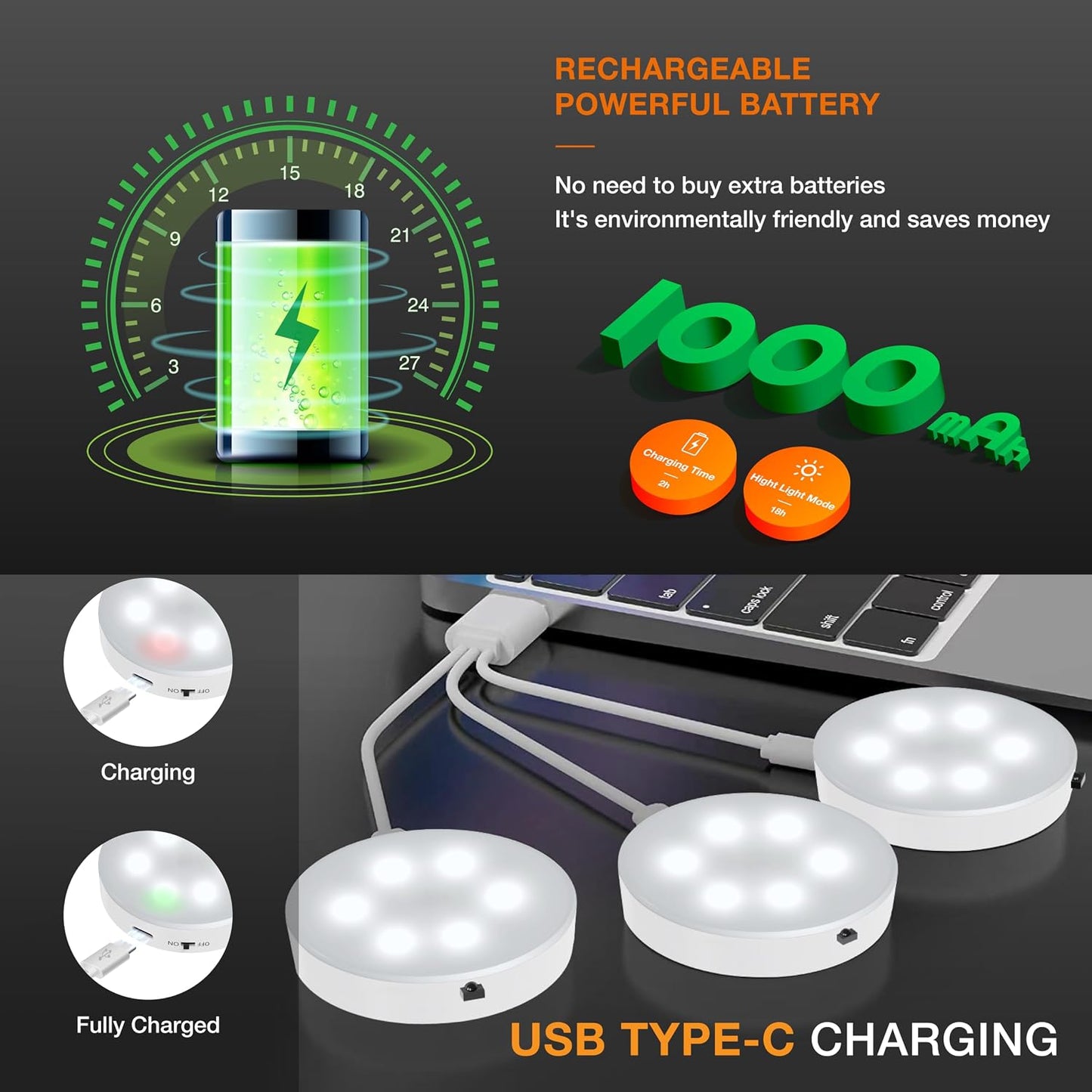 Puck Lights with Remote Control,Under Cabinet Lighting,Cool White,6 pcs | Stick On Lights,Magnetic,Cordless,1200mAh