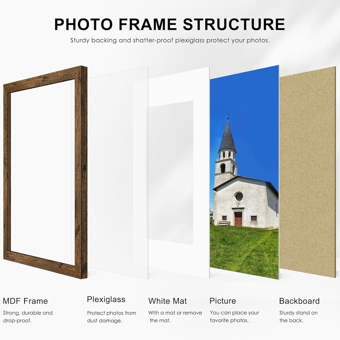 8x10 Picture Frame Set of 6, Wall or Tabletop Display, Rustic Brown | Display Pictures 5x7 with Mat or 8x10 Without