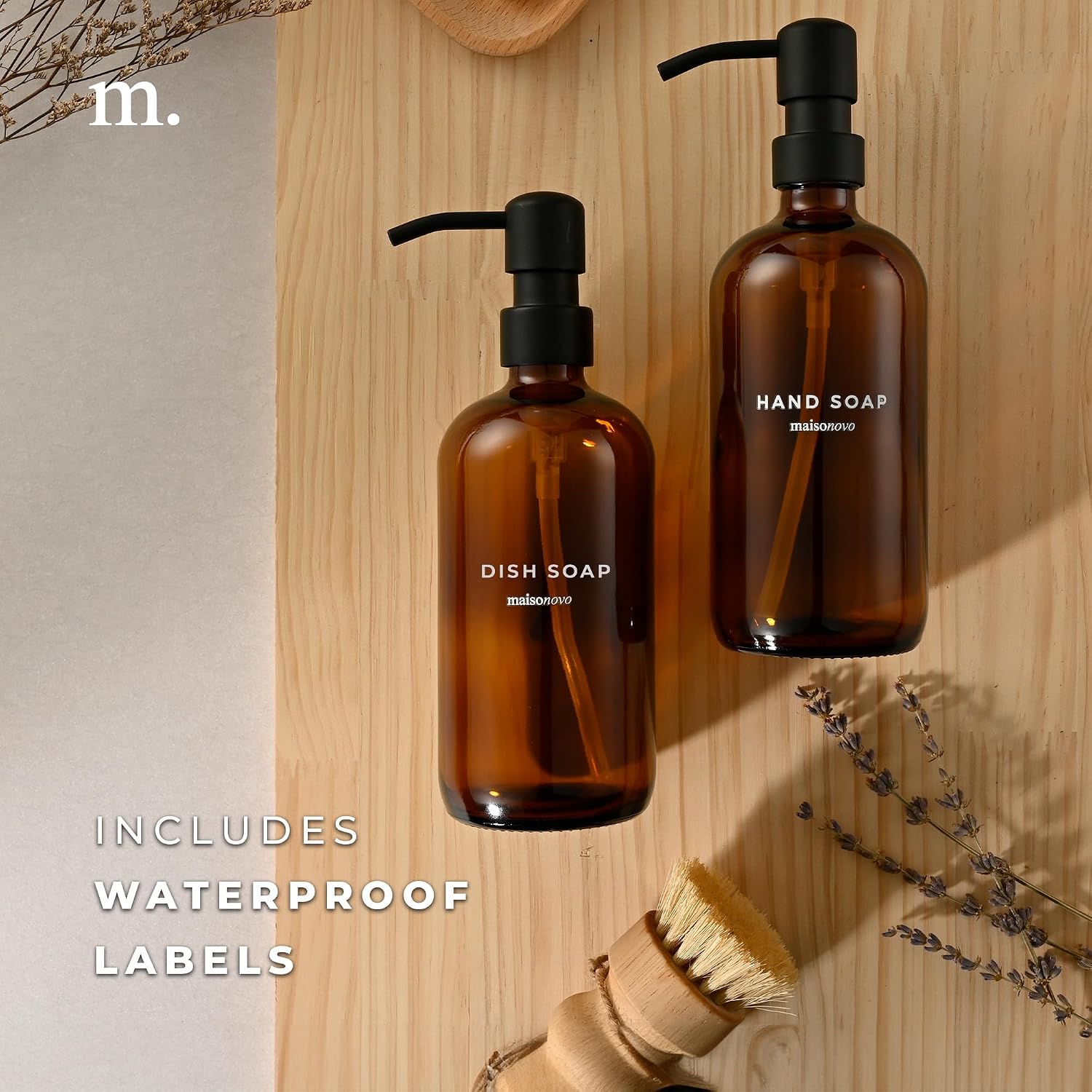 MaisoNovo Soap Dispenser 2-Piece Set | 16.9oz Amber Bottles with Black Plastic Pumps