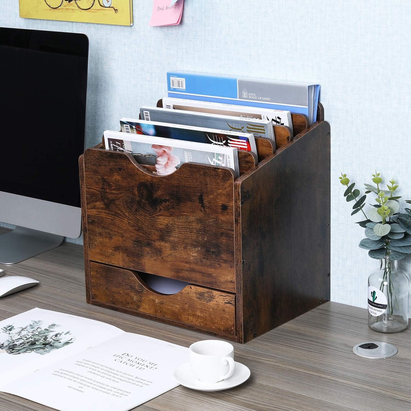 Wood Desktop File Holder Organizer Mail Sorter with Drawer, for File Folders, Mails, Envelopes, Mailing Supplies or