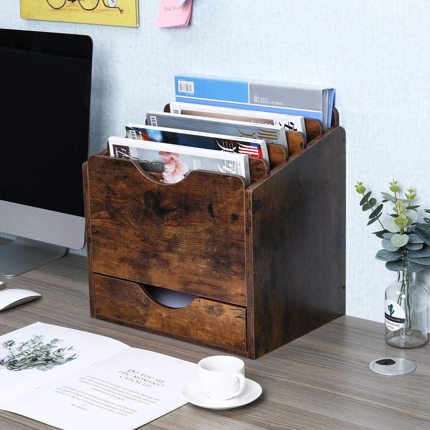 Wood Desktop File Holder Organizer Mail Sorter with Drawer, for File Folders, Mails, Envelopes, Mailing Supplies or