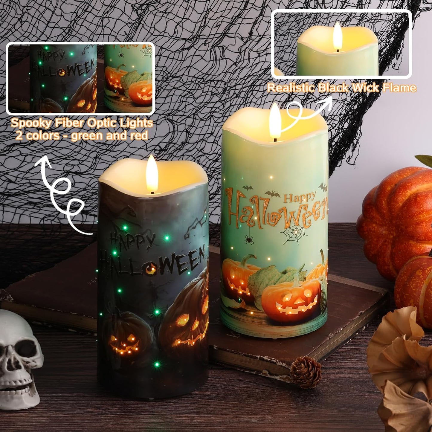 Halloween Pumpkin Fiber Optic Flameless Pillar Candles with Remote | Flickering Spooky LED Candles Set of 2, 3 AA