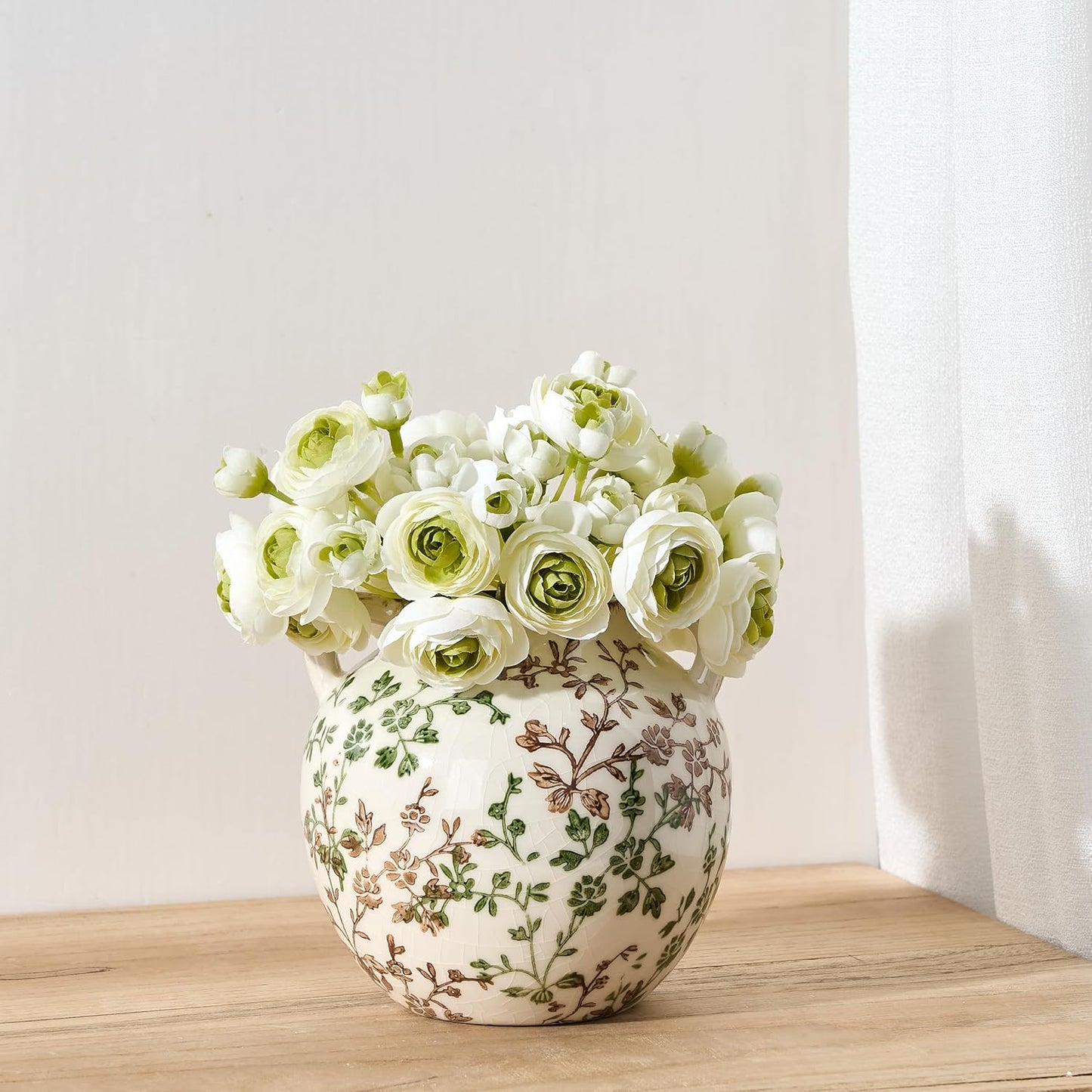 Rustic Ceramic Vase / Beige and Green- 5.6 / 5.6 Inch