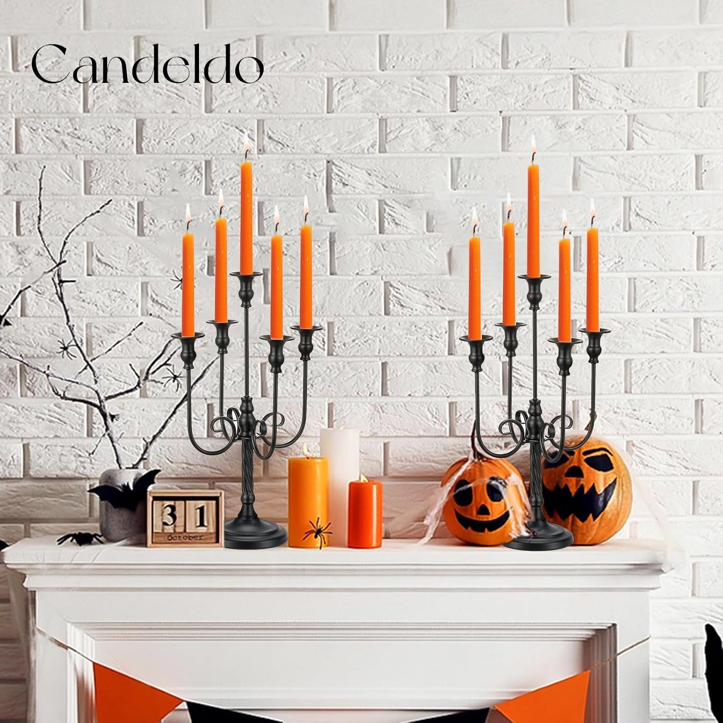 20 Inches Black Candelabra Halloween Decorations Set of 2 | Gothic Candle Holder, 5 Arm Metal Candlestick Stand, for