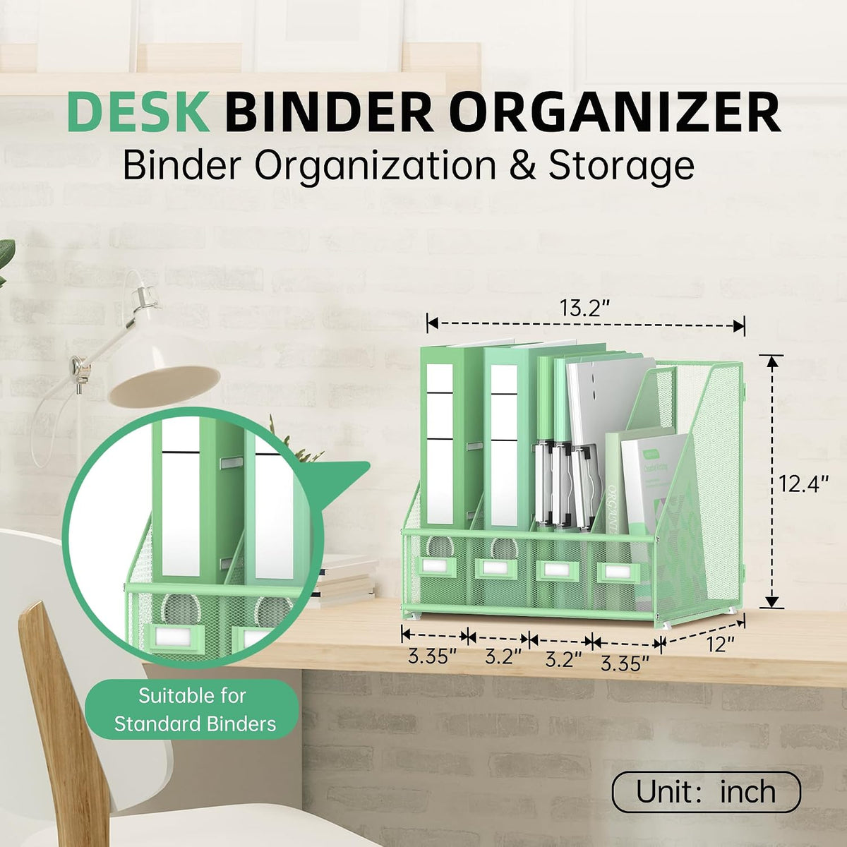 DALTACK 4-Slot Magazine File Holder, Metal Binder Holder, Mint Green | Iron Mesh Construction, Labeled Sections for