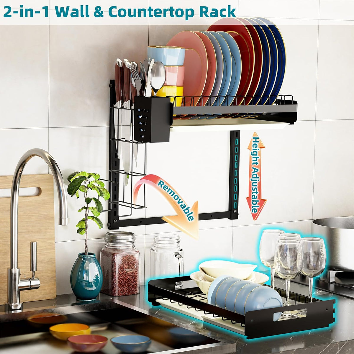 Hanging Wall Mounted Dish Drying Rack, Cutting Board Rack*1, Hook*4, Drain Tray*2, Apartment & RV Wall Mounted Dish