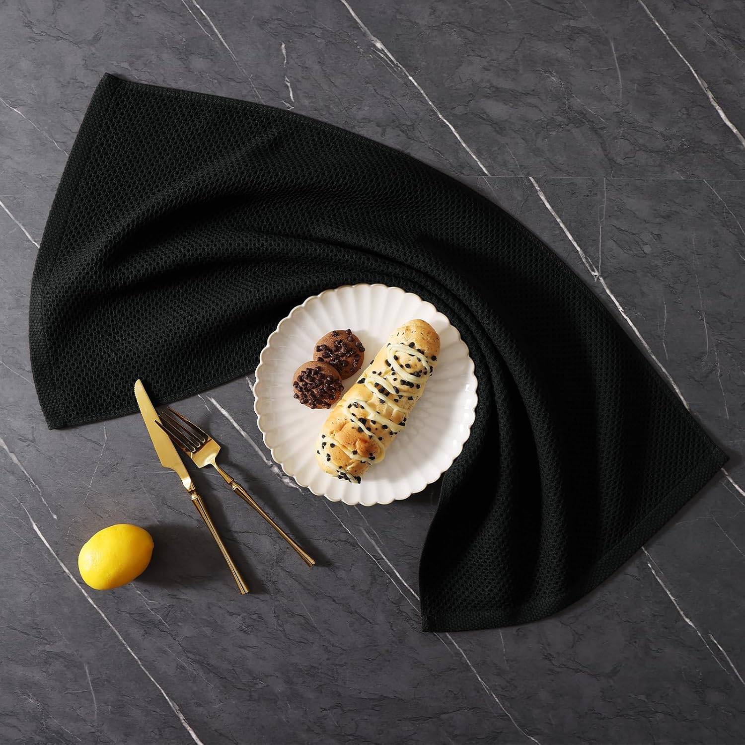 Homaxy 12 Pack 100% Cotton Kitchen Towels and Dishcloths Set, Black | 12 x 12 Inches and 13 x 28 Inches Kitchen Towels