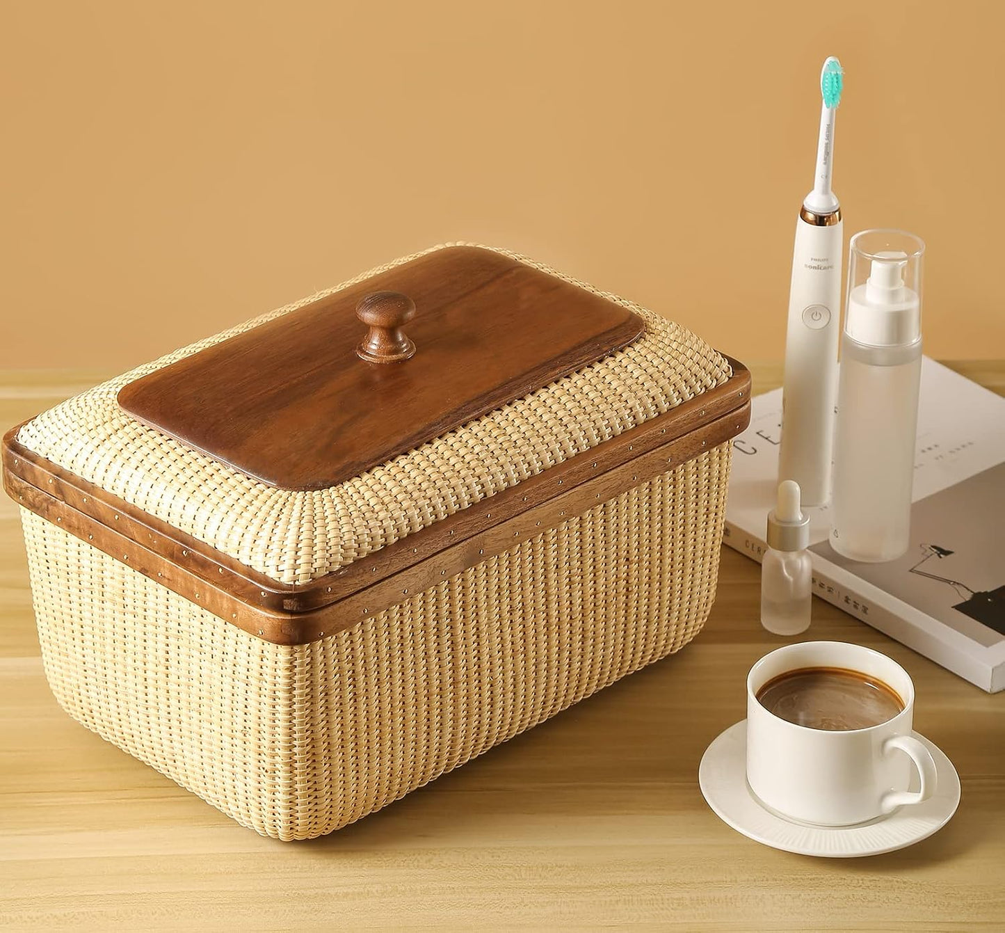 Natural Cane Weave Storage Basket / Black Walnut Height7.5in
