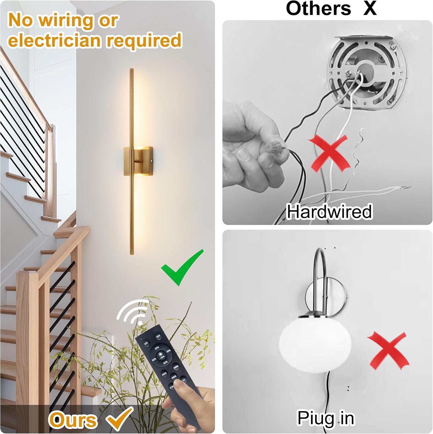 15800 mAh Battery Operated Wall Sconce with Remote Control Dimmable Wall Sconce Set of Two 3000K LED Brass Gold