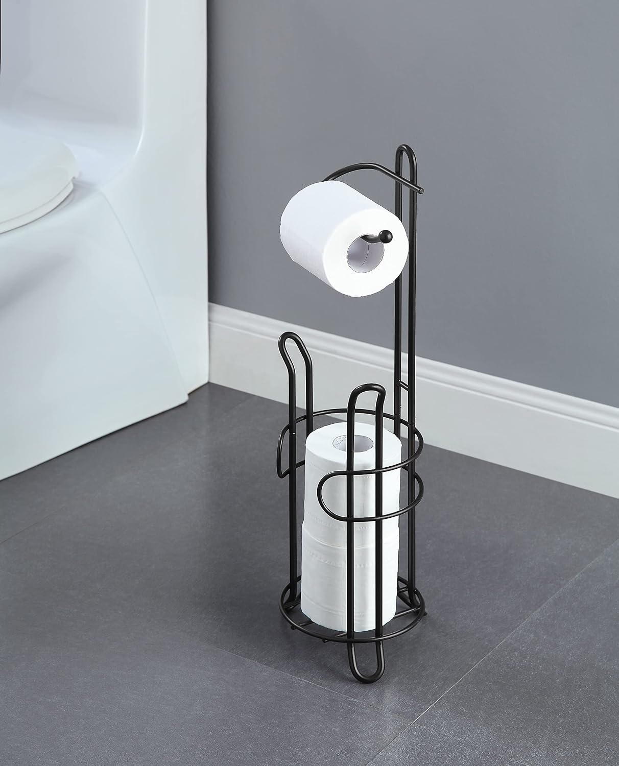 SunnyPoint Freestanding Toilet Paper Holder with Storage – Holds 3 Spare Rolls, Heavy-Duty Steel, Black Finish, Easy