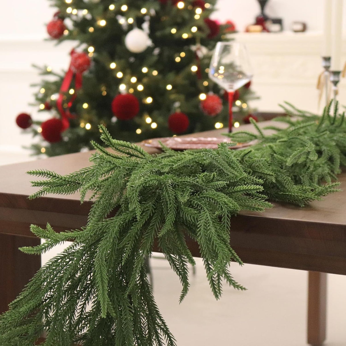 2PCS 9FT Christmas Norfolk Pine Garland Real Touch for Mantle Decoration | Artificial Realistic Winter Greenery Garland